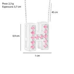 Colar Prata V12 Pingente Letra Zircônias Rosa