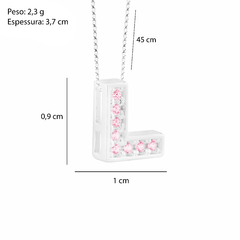 Colar Prata V12 Pingente Letra Zircônias Rosa