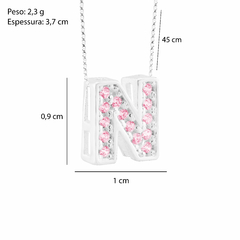 Colar Prata V12 Pingente Letra Zircônias Rosa