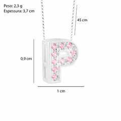 Colar Prata V12 Pingente Letra Zircônias Rosa