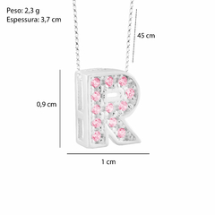 Colar Prata V12 Pingente Letra Zircônias Rosa