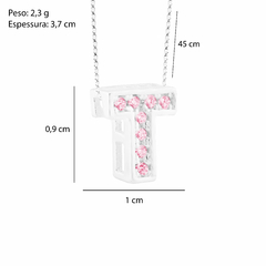 Colar Prata V12 Pingente Letra Zircônias Rosa