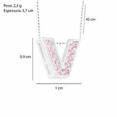 Colar Prata V12 Pingente Letra Zircônias Rosa