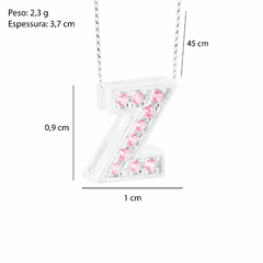 Colar Prata V12 Pingente Letra Zircônias Rosa