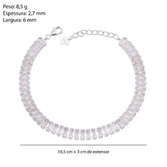 Pulseira Prata Riviera Cristal Baguete 6mm 16,5+3cm Extensor - Via Vizzon Atacado