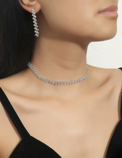 conjunto luxuoso de choker e brincos com strass