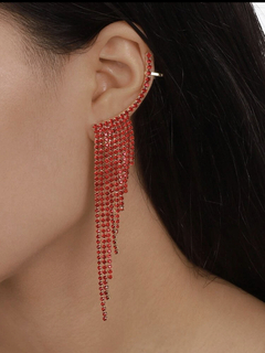 brincos ear cuff de franjas com strass vermelhos