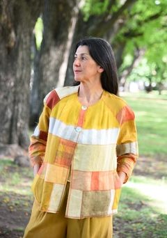 Chaqueta patchwork upcycling NARANJA- Puro lino Busto 100cm-Largo 65cm - tienda online