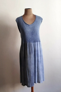 Vestido combinado - Tejido de seda y algodón y puro algodón. Azul/Azul- Busto 100- Cadera 120cm