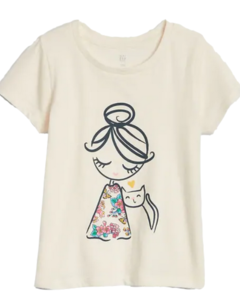 Camiseta Creme "Girl And Cat" GAP - Baby Girl (0 a 24 Meses)