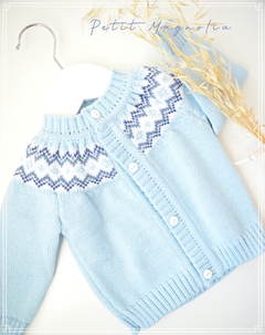 Cardigan saquito celeste con canesú y guarda mini rombitos - comprar online