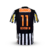 Camisa retrô do Santos com o número 11 e o nome Neymar JR nas costas, em listras pretas e brancas.