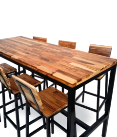 conjunto mesa alta industrial com 6 banquetas ferro madeira