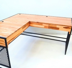 Escrivaninha "L", mesa home office industrial, para escritório em casa ferro e madeira maciça estilo industrial mesa para escritório trabalho em casa