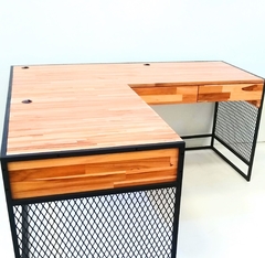 Escrivaninha "L", mesa home office industrial, para escritório em casa ferro e madeira maciça estilo industrial mesa para escritório trabalho em casa