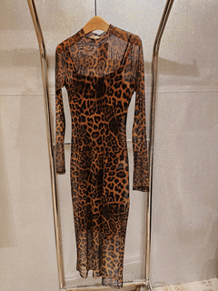 Vestido Tule Midi Manga Longa Animal Print - comprar online