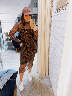 Vestido Tule Midi Manga Longa Animal Print