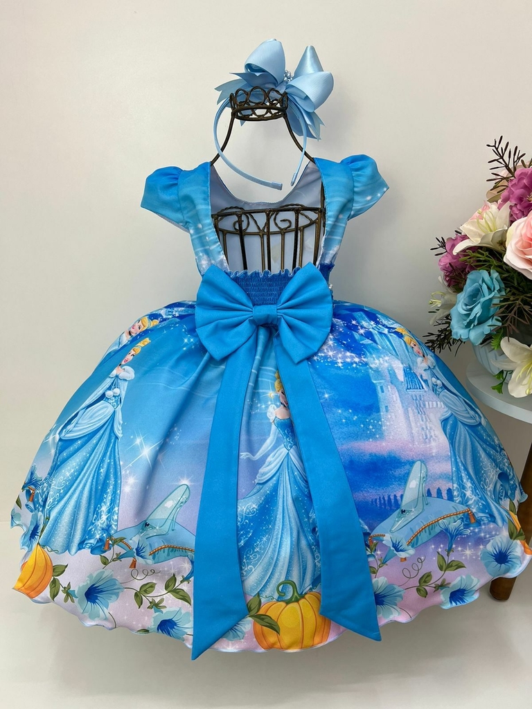 Vestido Infantil Azul Luxo Princesa Cinderela Frozen Alice