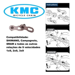Corrente KMC Z9 Bike 9V Cinza 116 Elos Aço Fina Missing Link - On Off Store