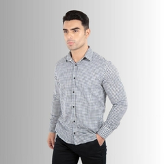 Camisa Rogerio Manga Longa Slim Fit Xadrez Mini Azul Noite/Branco