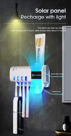 Imagem do Suporte para escova de dente, carrega através da energia solar, e dispensador de creme dental.