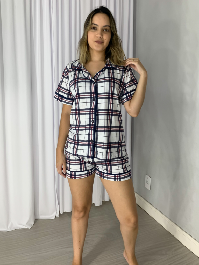 PIJAMA FEMININO EM ALGODAO COM MANGAS E SHORT XADREZ