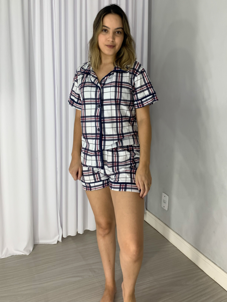 PIJAMA FEMININO EM ALGODAO COM MANGAS E SHORT XADREZ