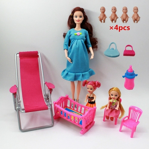 5 Pçs/set Feliz Família Casal Bonecas Grávida Mãe Boneca Carrinho de Cama  Acessórios Baby Ken