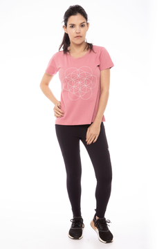 CAMISETA BABYLOOK ALGODÃO ORGÂNICO - ESTAMPA FLOR DA VIDA - ROSA - comprar online