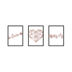 Kit Quadro Decorativo Love Cupido Amor Rosé Gold Espelhado