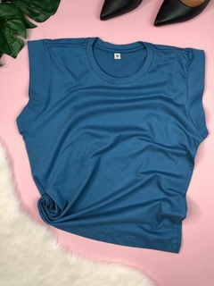 Blusa básica com detalhe na manga curta, blusa para mulheres azul escuro lisa muscle tee