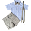 Conjunto Social Infantil Zyon - (4 peças) Camisa Branco Off, Bermuda Alfaiataria Bege, Suspensório e Gravata Bege