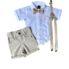 Conjunto Social Baby Bernardo - (4 peças) Camisa Branco Off, Bermuda Alfaiataria Bege, Suspensório e Gravata Bege