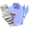 Conjunto Social Pedro - (4 peças) - Calça Bege, Camisa Branca Curta, Gravata e Suspensório Azul Bebê
