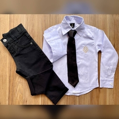 Conjunto Social Marcos - (3 peças) - Camisa Branca, Calça Preta e Gravata  Chefinho