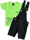 Conjunto de Jardineira Jeans Preta e Camiseta Verde Neon (2 peças)