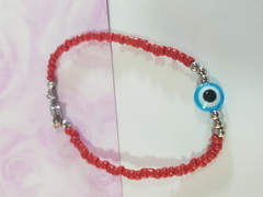 pulsera de mostacillas rojas con bolitas y dije ojo turco y terminal de ACERO QUIRÚRGICO - tienda online