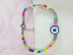 pulsera de mostacillas con bolitas y ojo turco de FIMO. Terminal de ACERO QUIRÚRGICO - Freya Showroom