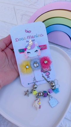 Kit Unicórnio Clips + pulseira - Doce Menina de Laço