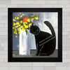Quadro decorativo gato e vaso de flor