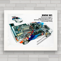 Quadro com imagem pôster do carro de corrida competição BMW M1 .