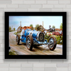 Quadro decorativo com pôster do carro antigo Bugatti de corrida e competição .