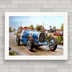 Quadro decorativo com pôster do carro antigo Bugatti de corrida e competição .