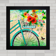 Quadro decorativo para sala ou varanda , com pôster de bicicleta e flores .