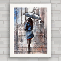 Quadro decorativo mulher caminhando na chuva