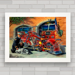 Quadro decorativo com pôster de moto e caminhão bombeiro .