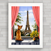 Quadro cachorro olhando a torre Eiffel em Paris .