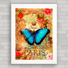 Quadro decorativo vintage , com pôster de flores e borboleta em Paris .