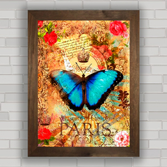 Quadro decorativo vintage , com pôster de flores e borboleta em Paris .