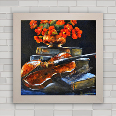 Quadro decorativo com imagem pôster de violino e flores .